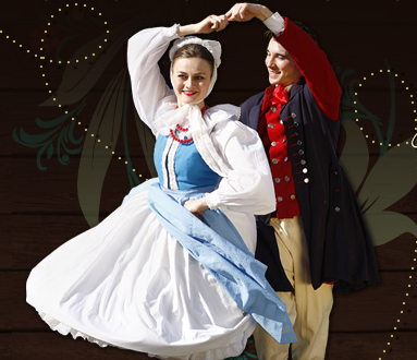 Na zdjęciu znajdują się kobieta i mężczyzna, tańczący wspólnie w strojach ludowych.