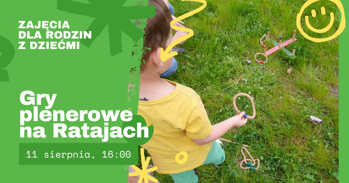 Baner, po lewej stronie na zielonym tle opis wydarzenia, po prawej zdjęcie dziecka bawiącego się na trawie.