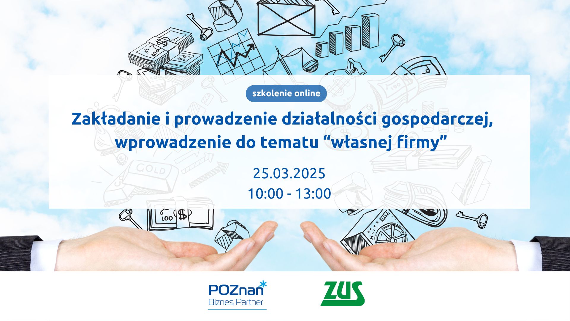 Na grafice w tle widać dwie wyciągnięte do siebie ręce. Są też kontury różnych rzeczy kojarzących się z biznesem. Tło grafiki to niebieskie niebo z białymi chmurami