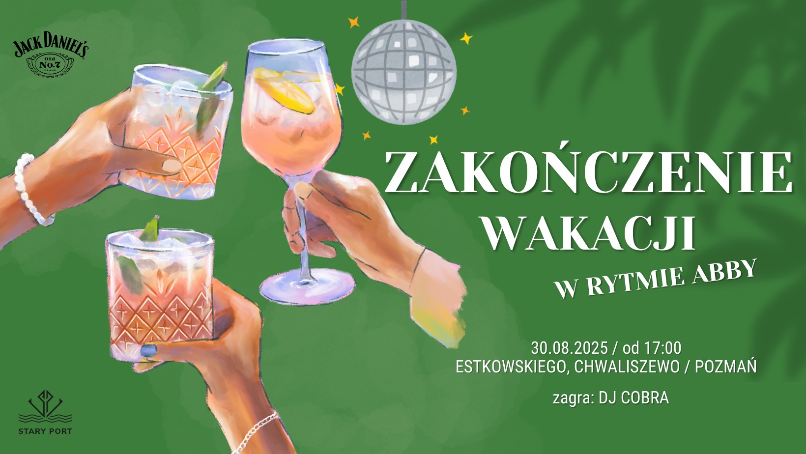 Na zielonym tle trzy rysunki dłoni trzymających drinki. Po prawej biały napis "Zakończenie wakacji w rytmie abby". Szczegółowe informacje o wydarzeniu w artykule.