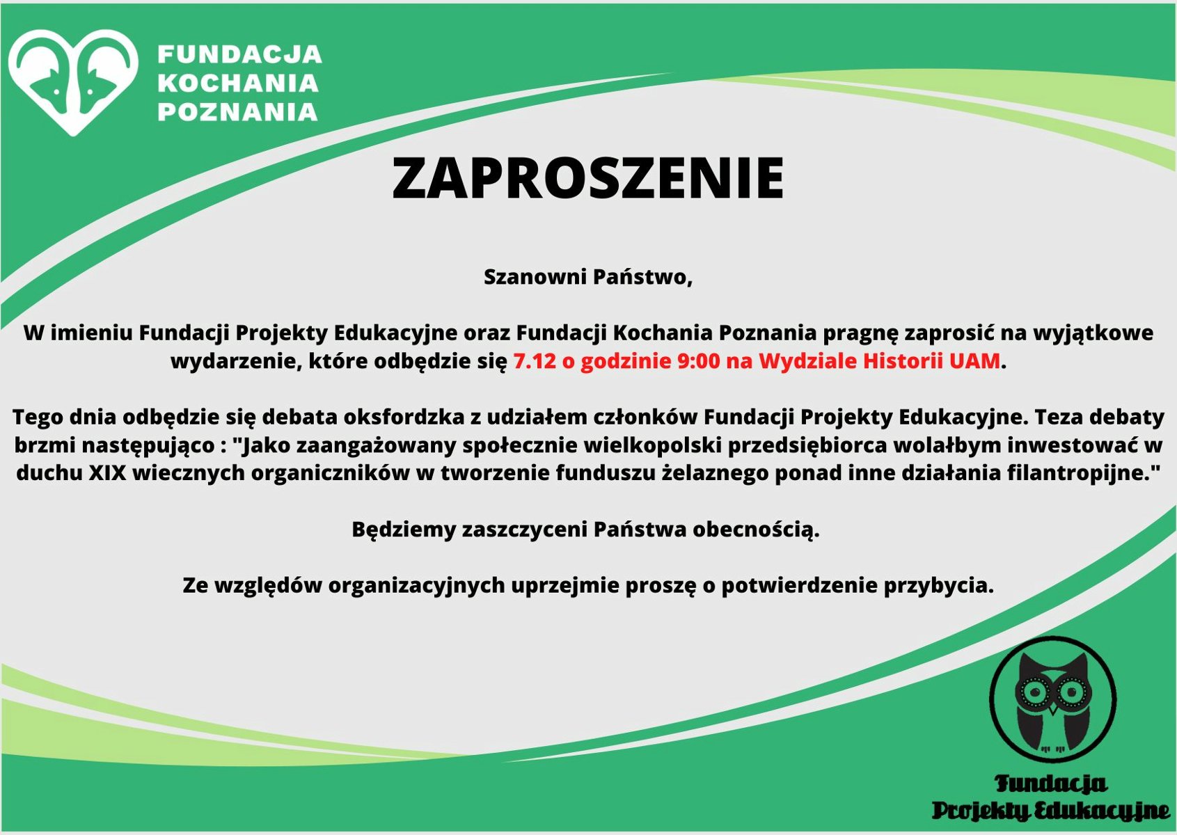 Zaproszenie z informacjami o nazwie i czasie.