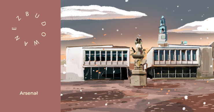 Grafika przedstawia fragment Satrego Rynku w Poznaniu - Galerię Miejską Arsenał, na pierwszym planie pomnik, w tle wieża ratuszowa.