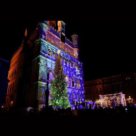 Oświetlony Ratusz nocą i stojąca przed nim choinka
