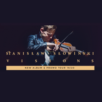 Zdjęcie przedstawia młodego mężczyznę grającego z pasją na skrzypcach. Jego postać wyłania się z czarnego tła. U dołu fotografii widnieje napis: Stanisław Słowiński i tytuł jego albumu "Visions"