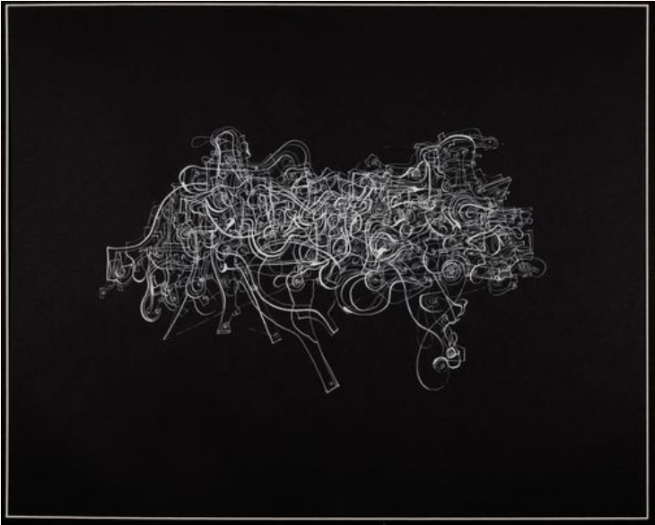 Rysunek złożony z białych linii na czarnym tle