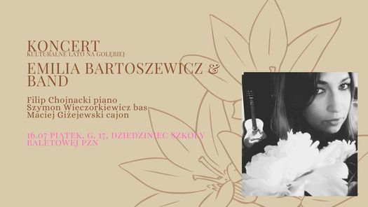 Kobieta za białym kwiatem, z tyłu gitara.