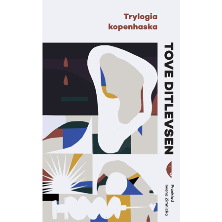 Okładka książki - abstrakcyjna grafika, dominujące kolory to biel, szarość, czerń, żółć, granat. W górnej części tytuł książki, z boku nazwiska autorki i tłumaczki oraz logotyp wydawnictwa.