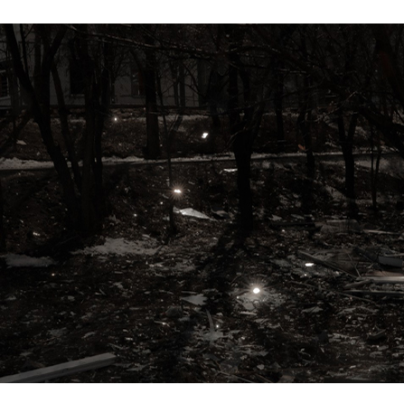 Fotografia. Nocny krajobraz. Sylwetki drzew na tle pokrytej śniegiem i kawałkami szkła ziemi. W oddali jasna ściana budynku.
