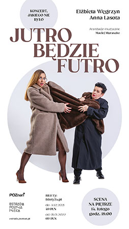 Plakat koncertu "Jutro będzie futro" przedstawiający dwie kobiety szarpiące się o koc