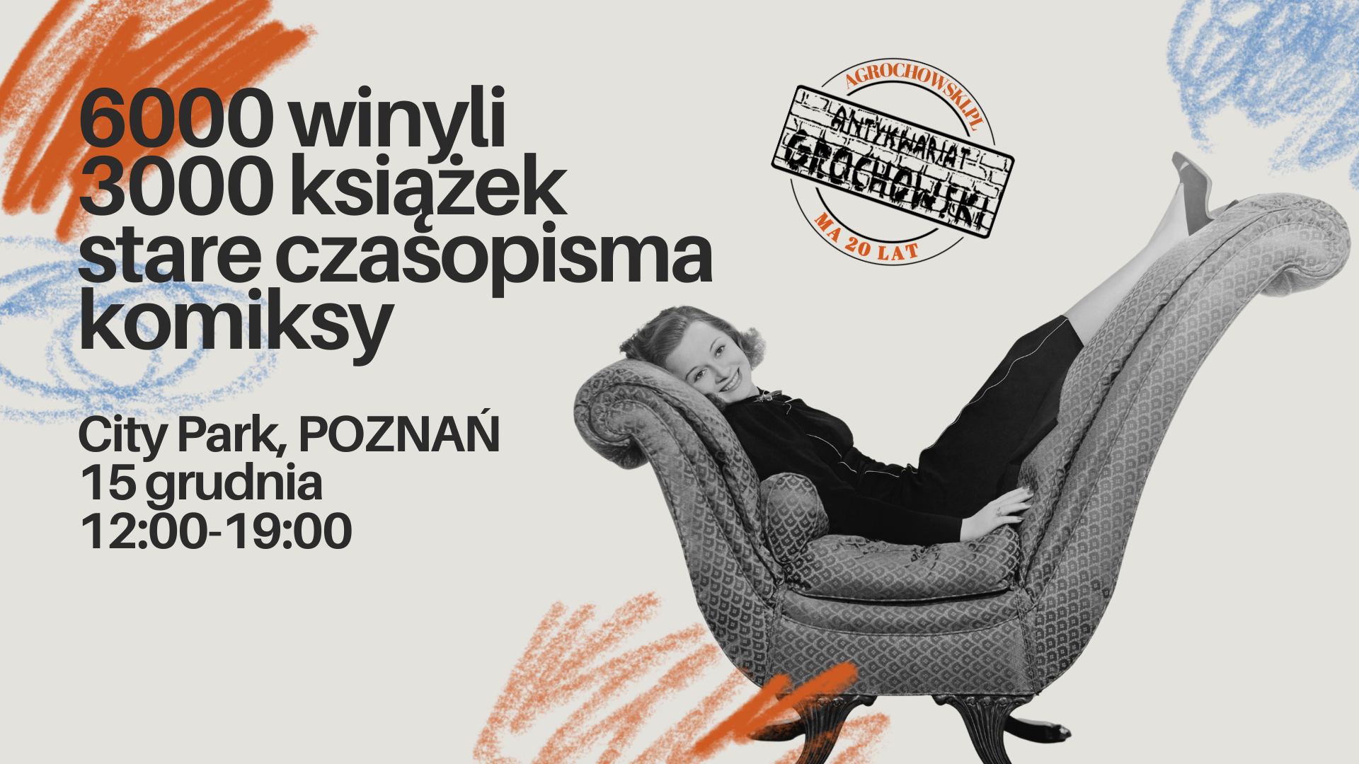 W prawej części grafiki biało-czarne zdjęcie kobiety rozłożonej wygodnie w fotelu, po lewej napisy informujące o wydarzeniu.