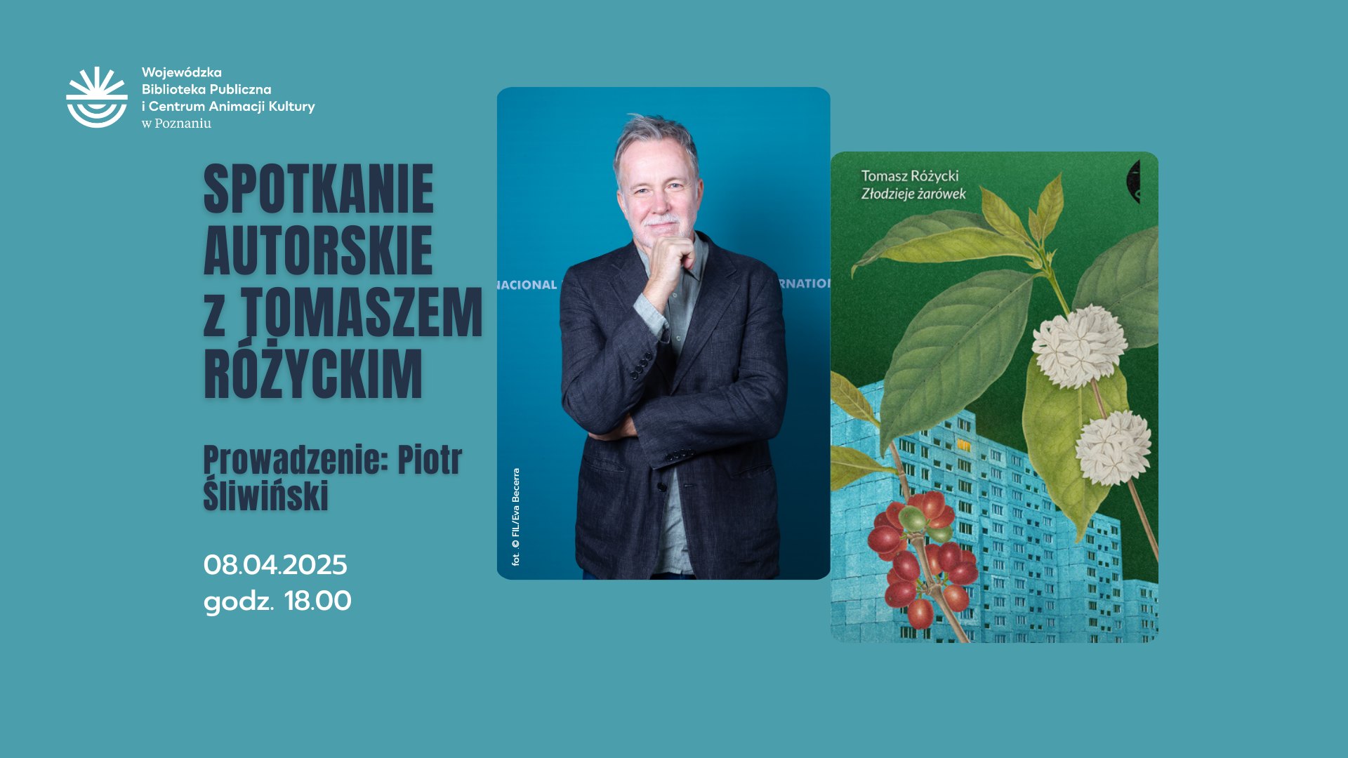 Zdjęcie Tomasza Różyckiego i okładka jego powieści "Złodzieje żarówek". Czarne i białe napisy na seledynowym tle.