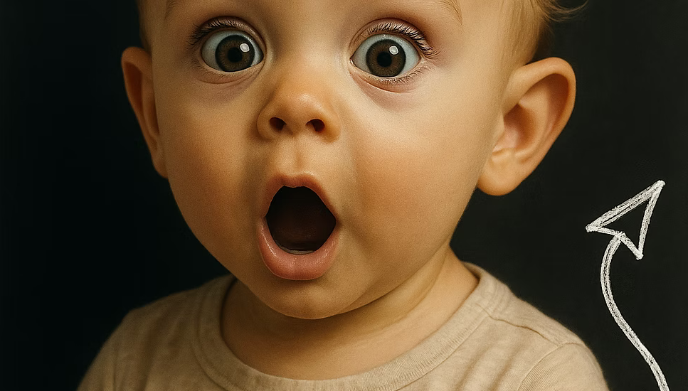 Mały chłopiec z zaskoczoną miną i dużymi oczami na czarnym tle. Obok narysowana strzałka kredą przypominająca ogon diabła.