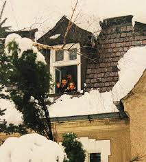 Na zdjęciu widać ośnieżony dach domu z małym wysuniętym oknem mansardowym. W otwartym oknie stoją trzy uśmiechnięte dzieci, które wyglądają na zadowolone i machają w stronę fotografa. Dach pokryty jest grubą warstwą śniegu, a gałęzie drzew wokół również są przysypane. Scena sprawia wrażenie zimowego, rodzinnego i radosnego momentu.