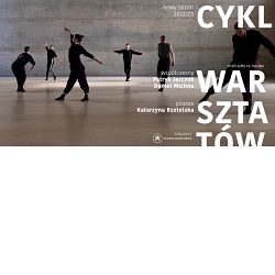 zdjecie przedstawiające tancerzy ubranych w czasrne stroje w ruchu, po prawej stronie grafiki informacje o warsztatach w kolorze białym