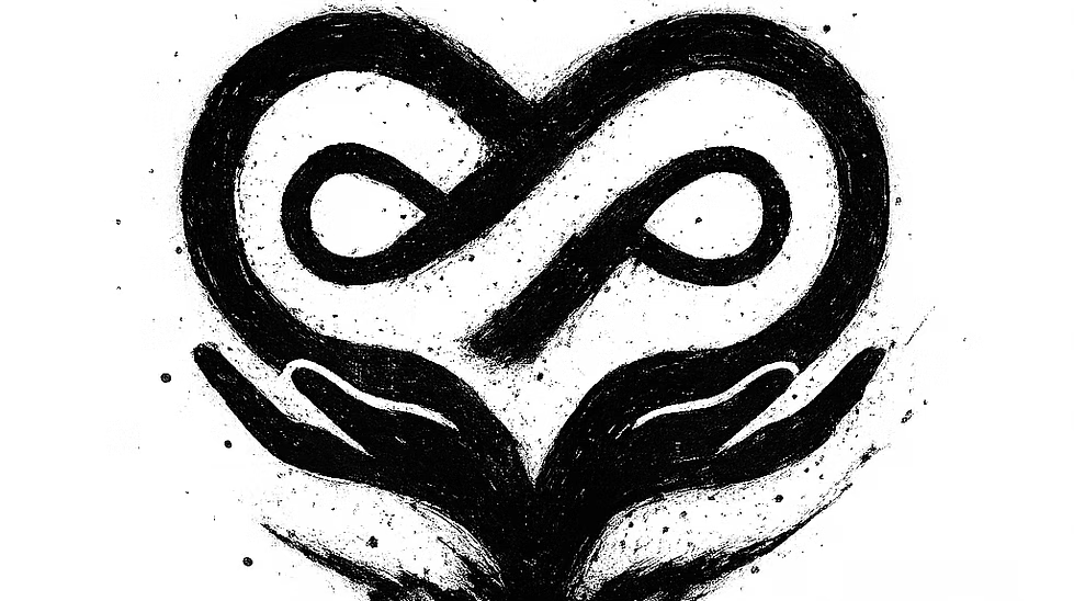 Czarno-biała ilustracja przedstawiająca szkic prezentujący dwie dłonie uniesione ku górze, podtrzymujące kształt serca utworzony z symbolu nieskończoności.