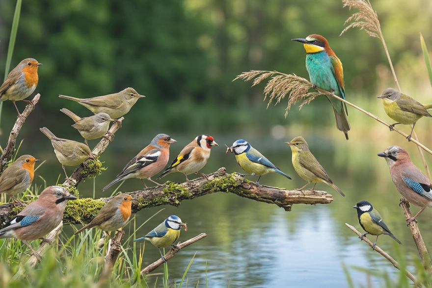 Liczna grupa różnorodnych ptaków siedzących na gałęziach. Tło stanowi tafla wody oraz rozmyte drzewa.