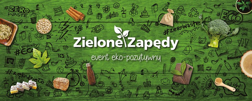 na zielonym tle rysunki różnych przedmiotów oraz kilka kolorowych zdjęć artykułów codziennego użytku