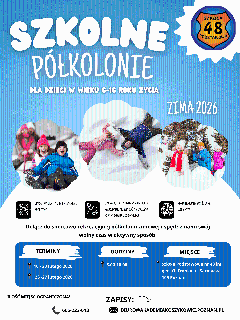 Plakat Zimowe półkolonie na Naramowicach 2026, zdjęcia roześmianych dzieci bawiących się w śniegu. Szczegółowe informacje z plakatu są powtórzone w treści artykułu.