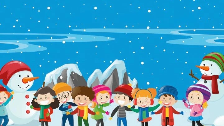 Obrazek, w zimowej aurze stoi grupa dzieci razem z dwoma bałwanami.