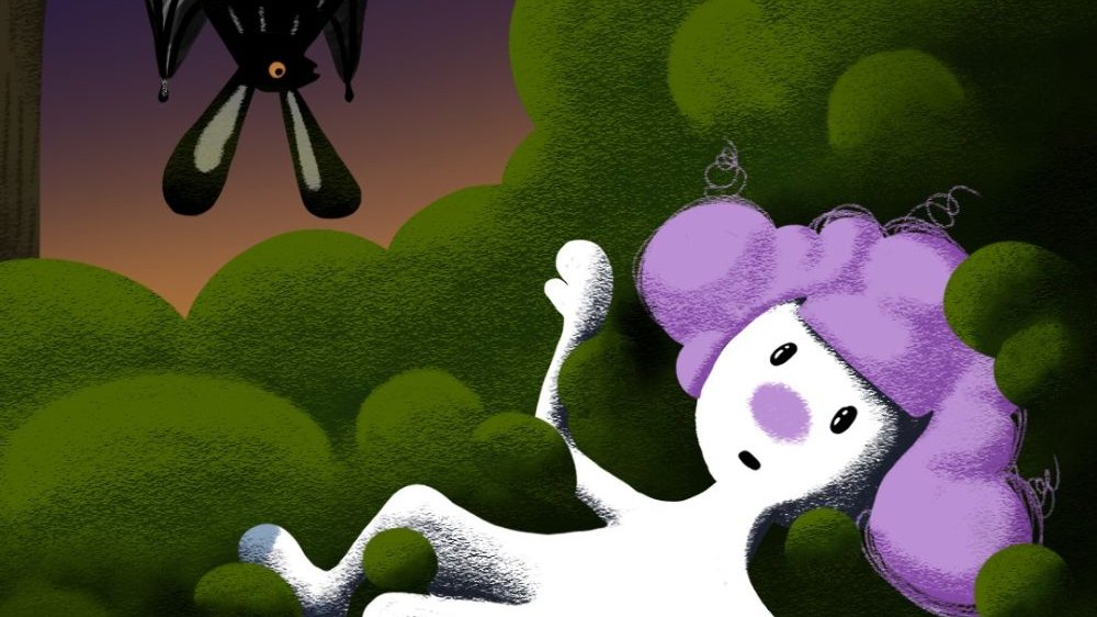 Na rysunku postać, która przypomina małego białego duszka. Leży na zielonej chmurce i spogląda w kierunku nietoperza, który wisi głową w dół na rosnącym obok drzewie.
