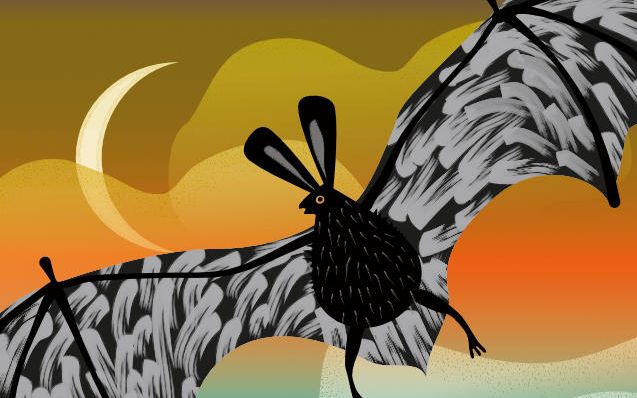 Na rysunku nietoperz z szeroko rozpostartymi skrzydłami i dużymi uszami. Niebo ma kolor żółto-pomarańczowy. - grafika artykułu