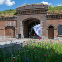 Fort building. In the entrance gate there is a graphic of block of ice with eyes, peeking out from behind the wall. In front of the fort, there is a piece of meadow with flowers and a paved entrance to the building.